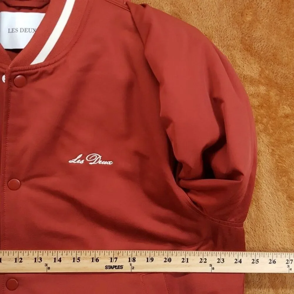 LES DEUX Varsity Jacket Mens Large Red Orange Stripe Tech Quilted Lining $319